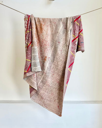 Embroidered Vintage Kantha Quilt in White and Pink - Biggs & Hill