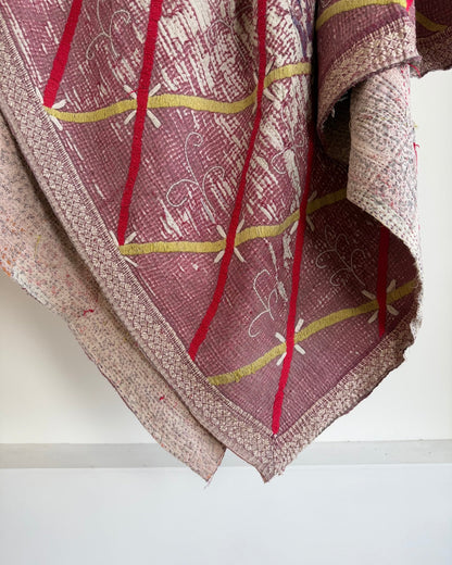 Embroidered Vintage Kantha Quilt in White and Pink - Biggs & Hill