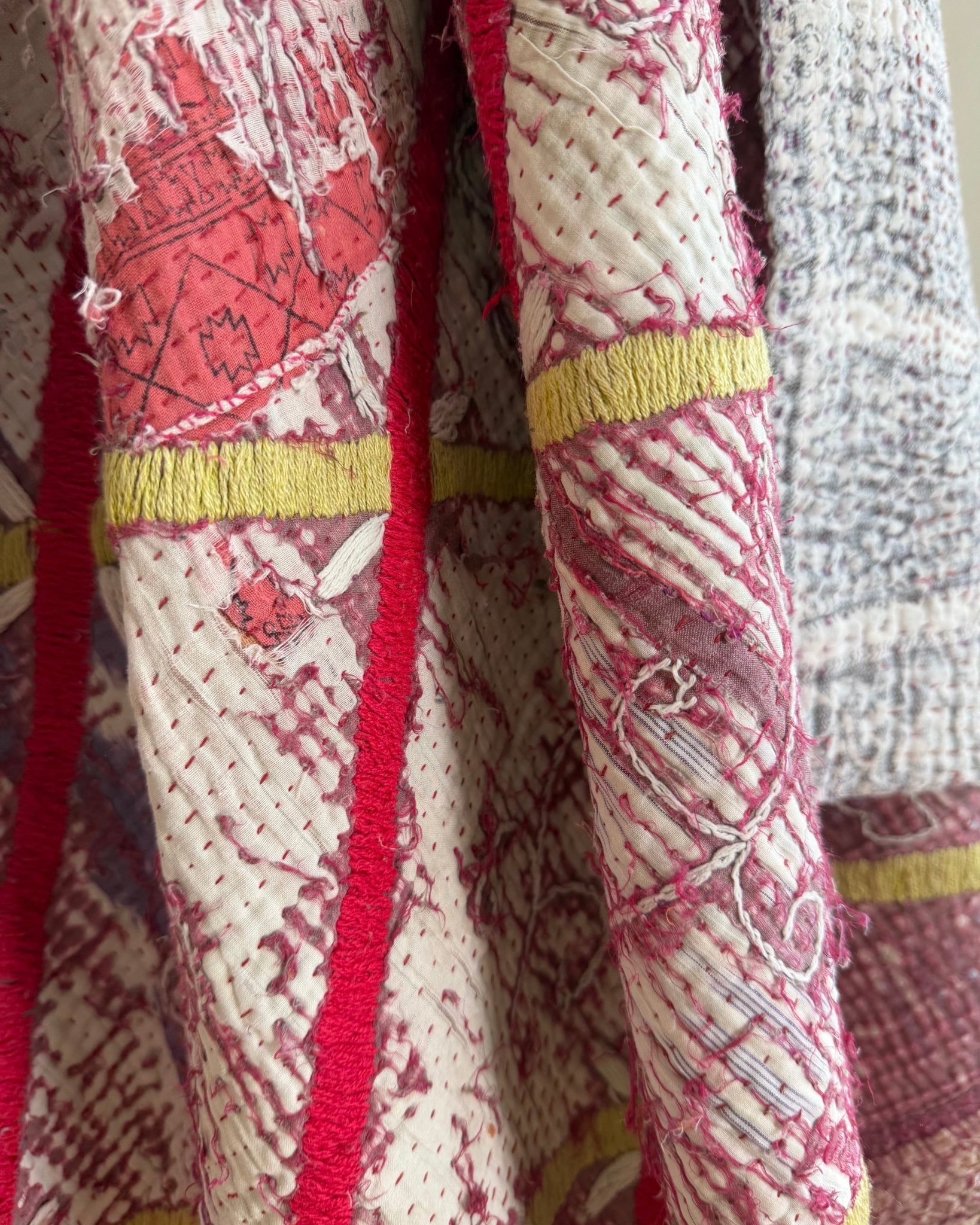 Embroidered Vintage Kantha Quilt in White and Pink - Biggs & Hill