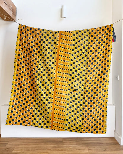 Fine Stitched Vintage Kantha Quilt With Yellow Dots and Blue Floral - Biggs & Hill