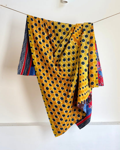 Fine Stitched Vintage Kantha Quilt With Yellow Dots and Blue Floral - Biggs & Hill