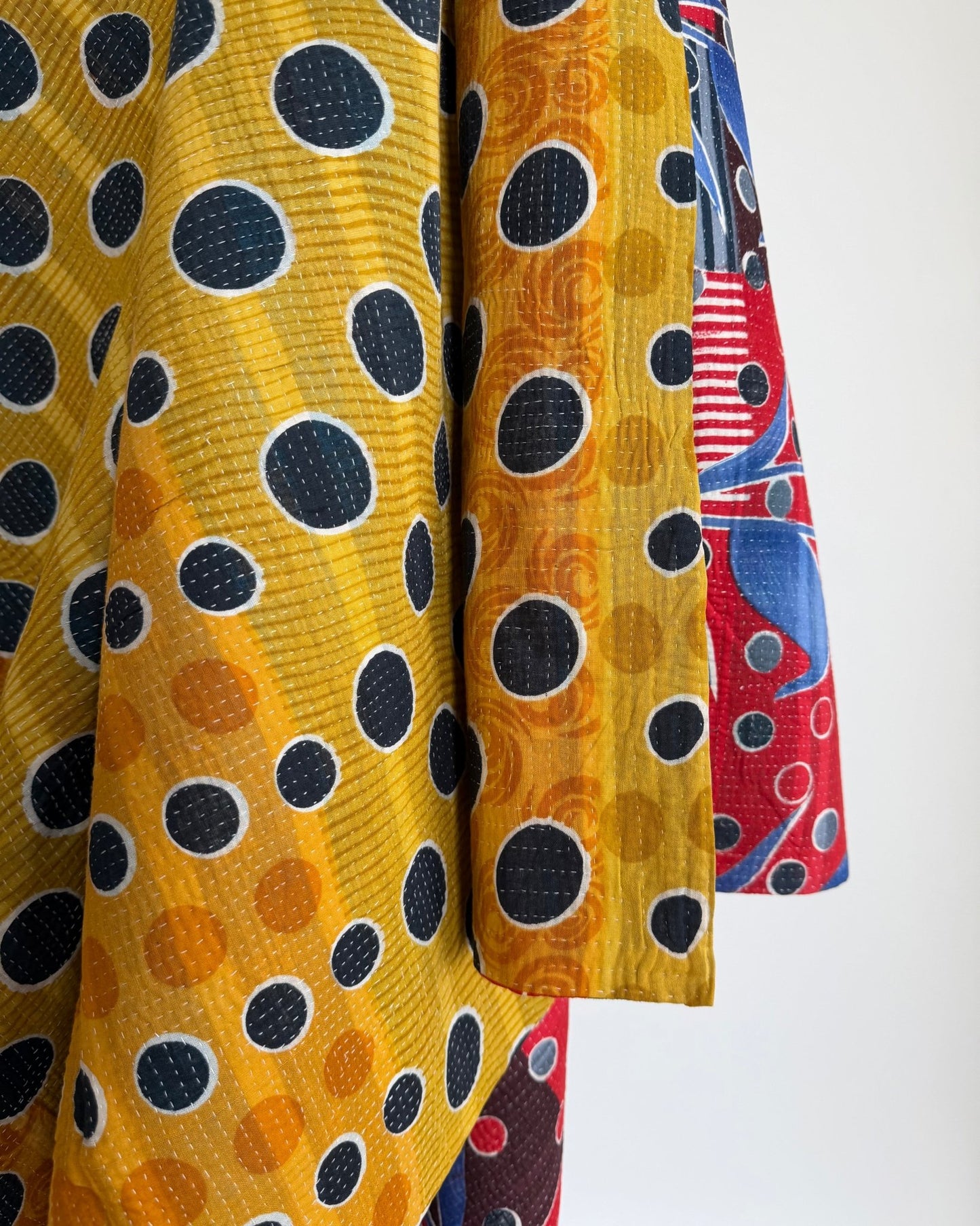 Fine Stitched Vintage Kantha Quilt With Yellow Dots and Blue Floral - Biggs & Hill
