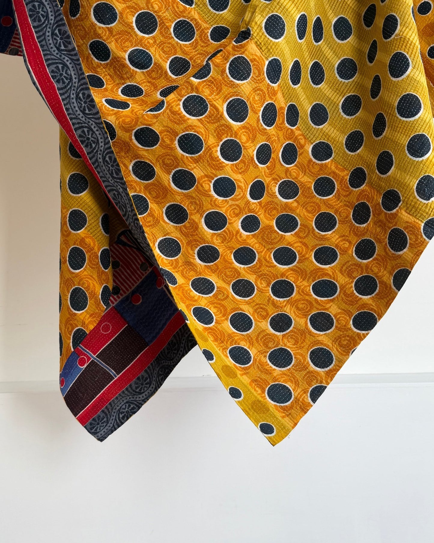Fine Stitched Vintage Kantha Quilt With Yellow Dots and Blue Floral - Biggs & Hill