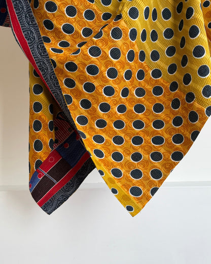 Fine Stitched Vintage Kantha Quilt With Yellow Dots and Blue Floral - Biggs & Hill