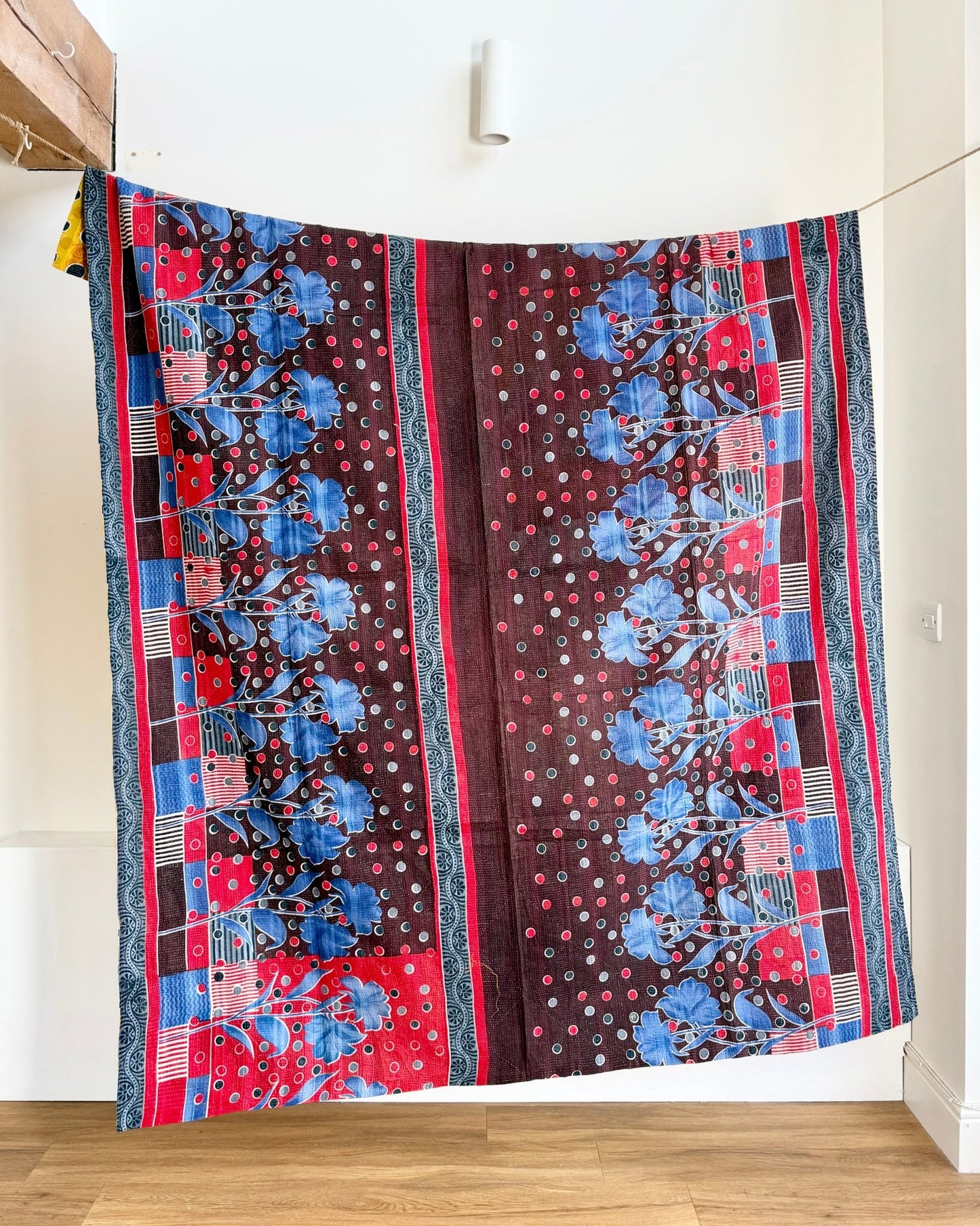 Fine Stitched Vintage Kantha Quilt With Yellow Dots and Blue Floral - Biggs & Hill