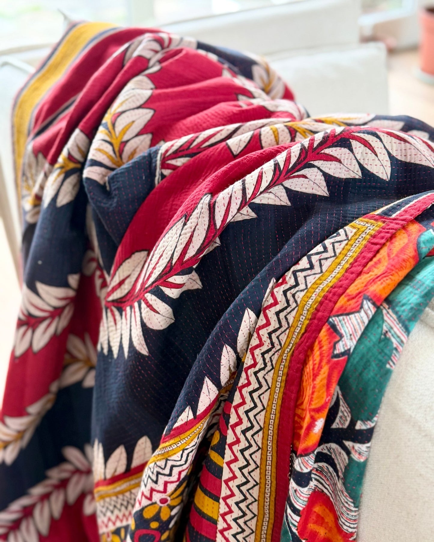 Extra Large Fine Stitched Vintage Kantha Quilt in Red, Navy and Green - Biggs & Hill