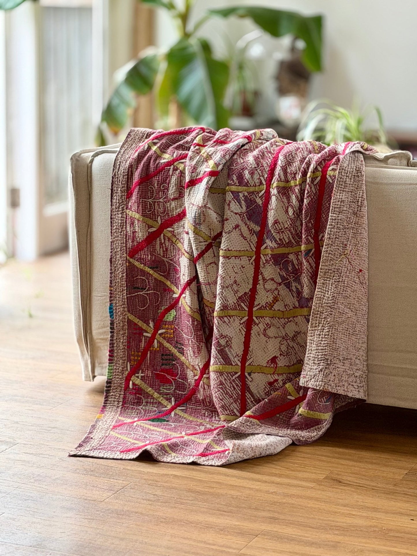 Embroidered Vintage Kantha Quilt in White and Pink - Biggs & Hill
