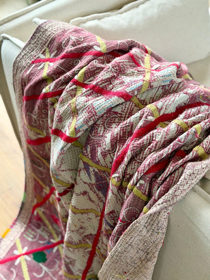 Embroidered Vintage Kantha Quilt in White and Pink - Biggs & Hill