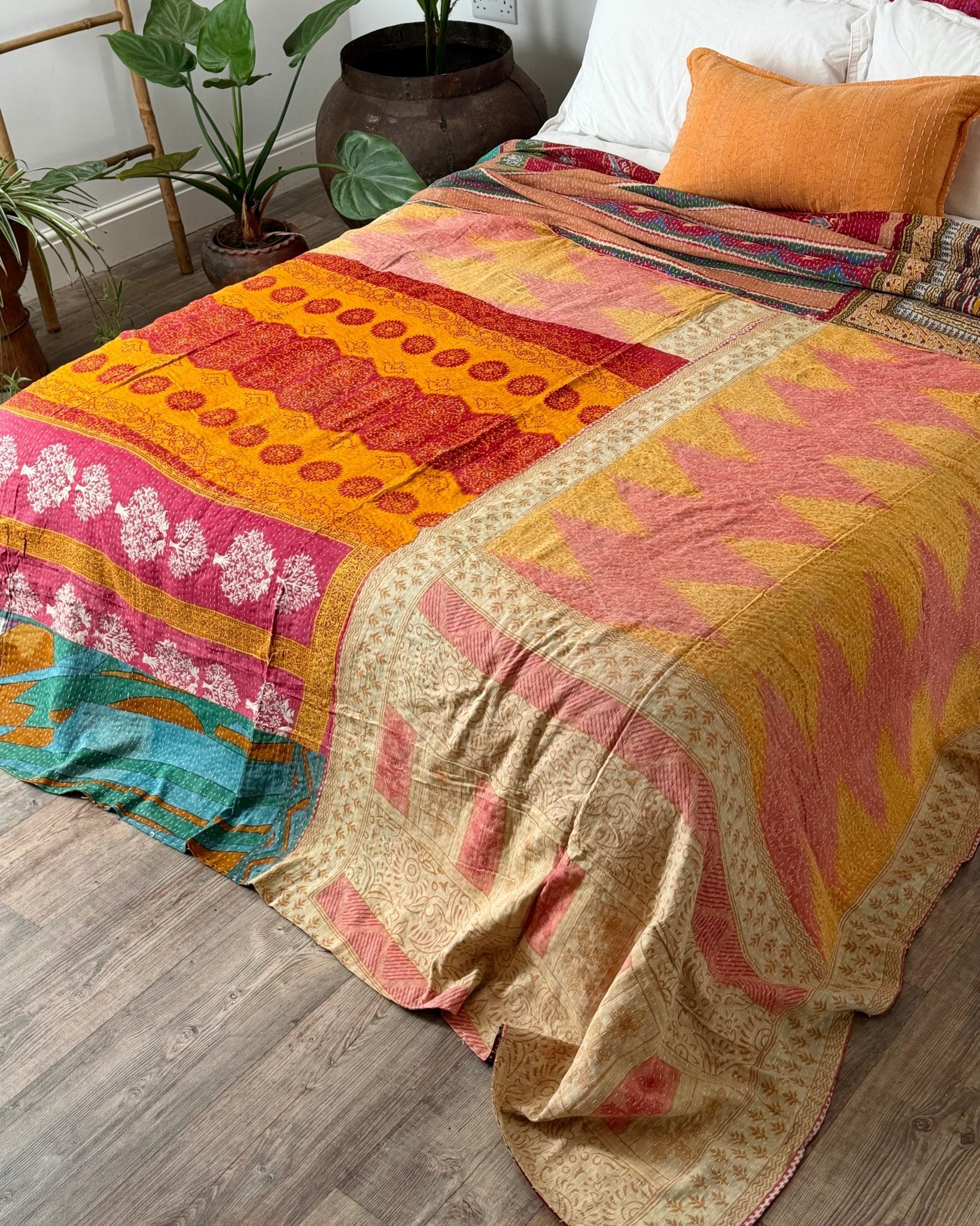 DRAFT Super King Vintage Kantha Quilt in Yellow and Pink 8 - Biggs & Hill