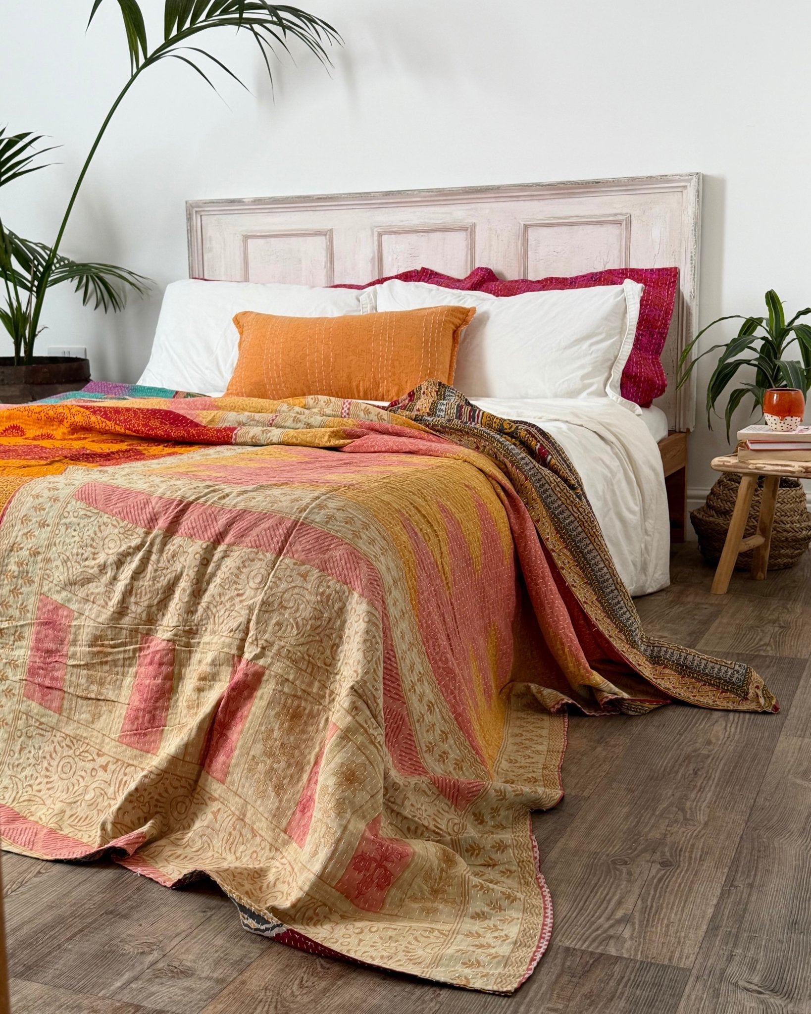 DRAFT Super King Vintage Kantha Quilt in Yellow and Pink 8 - Biggs & Hill