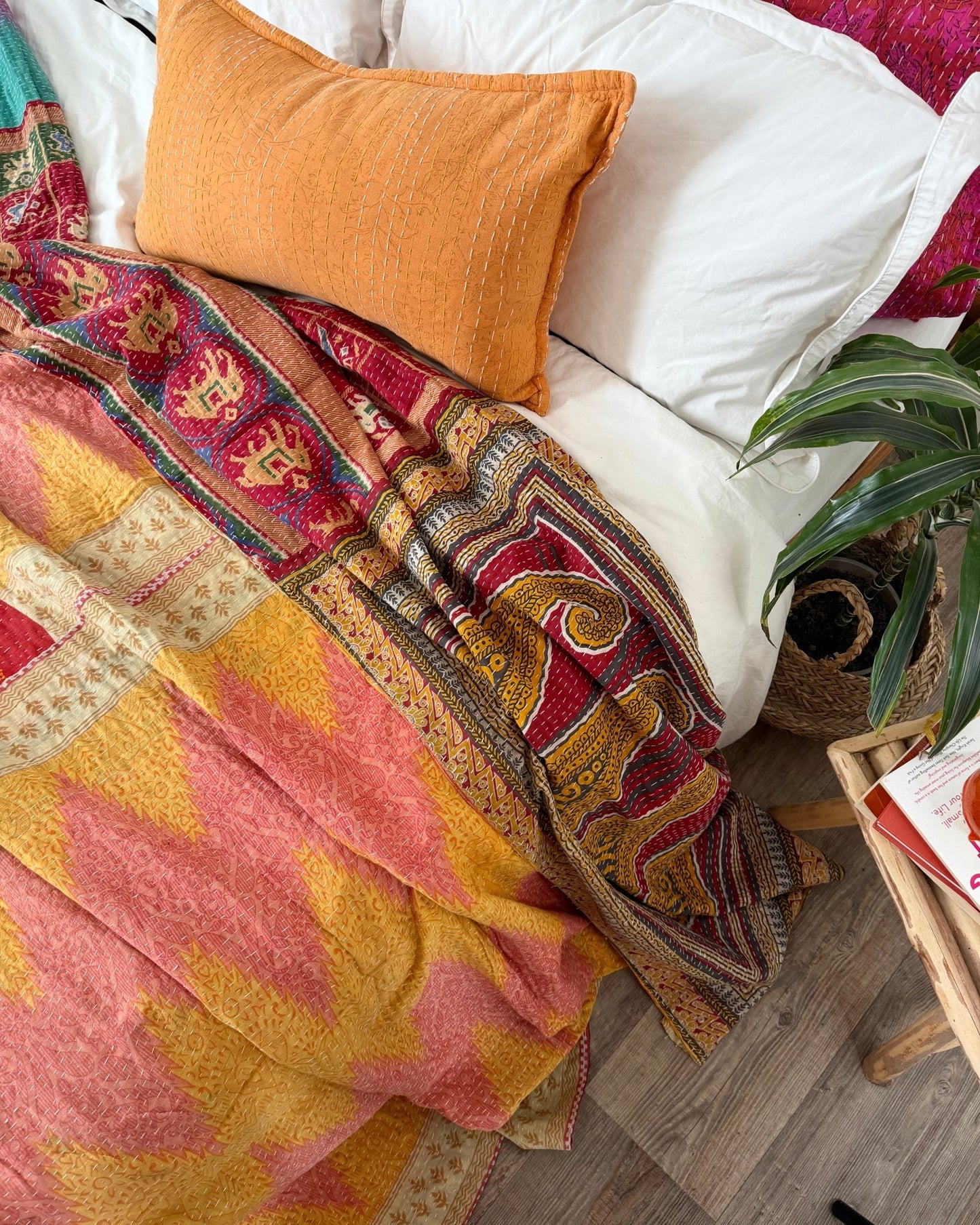 DRAFT Super King Vintage Kantha Quilt in Yellow and Pink 8 - Biggs & Hill