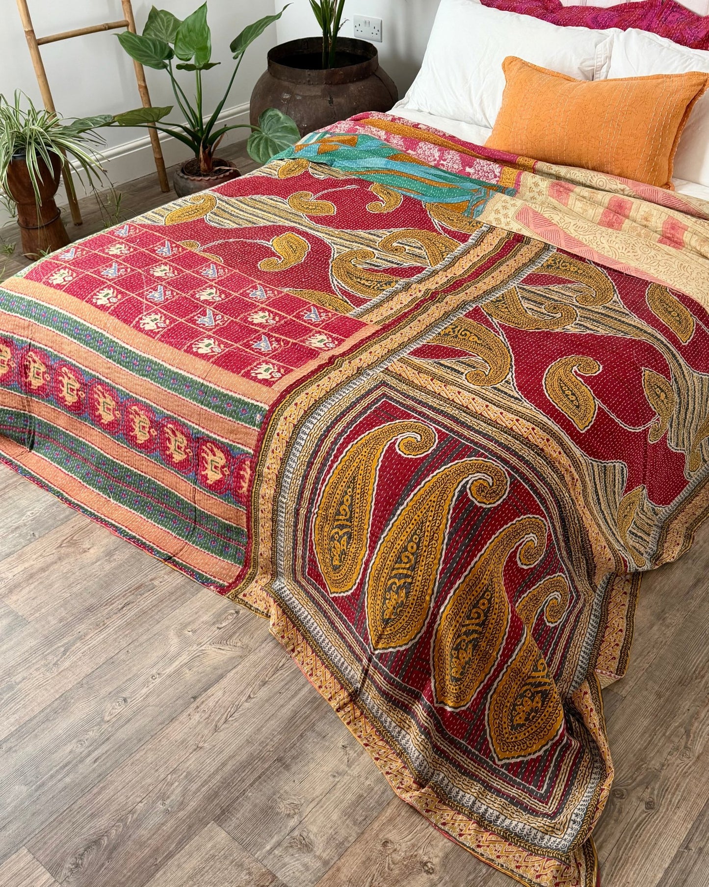 DRAFT Super King Vintage Kantha Quilt in Yellow and Pink 8 - Biggs & Hill