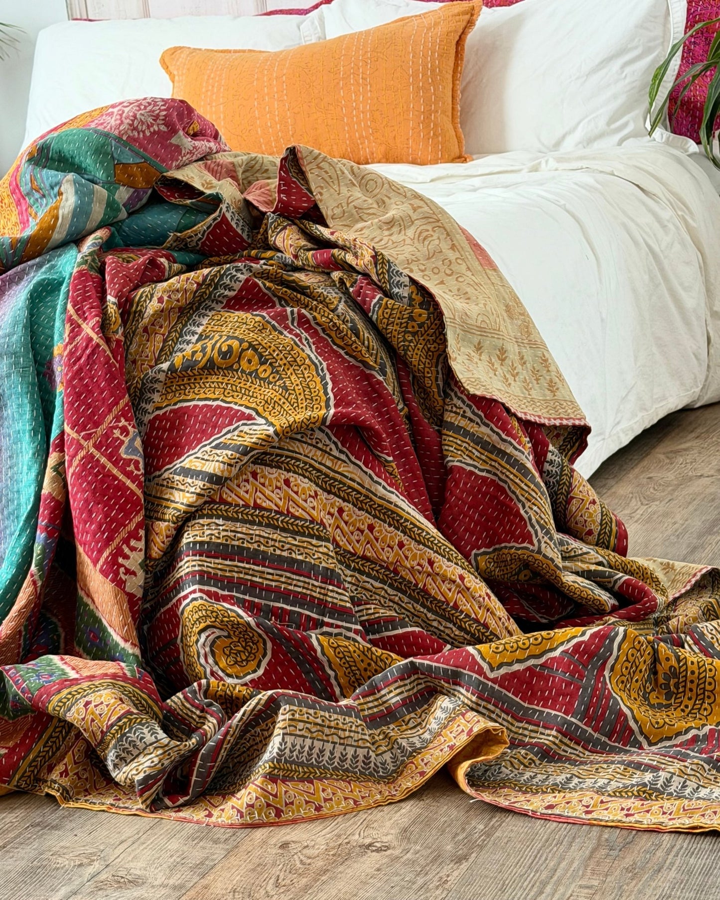 DRAFT Super King Vintage Kantha Quilt in Yellow and Pink 8 - Biggs & Hill