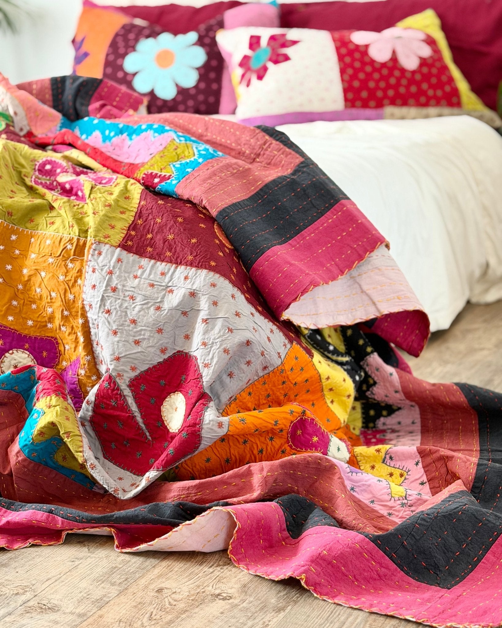 Patchwork Hand Stitched Jogi Bedspread 05 - Double/ King Size - Biggs & Hill