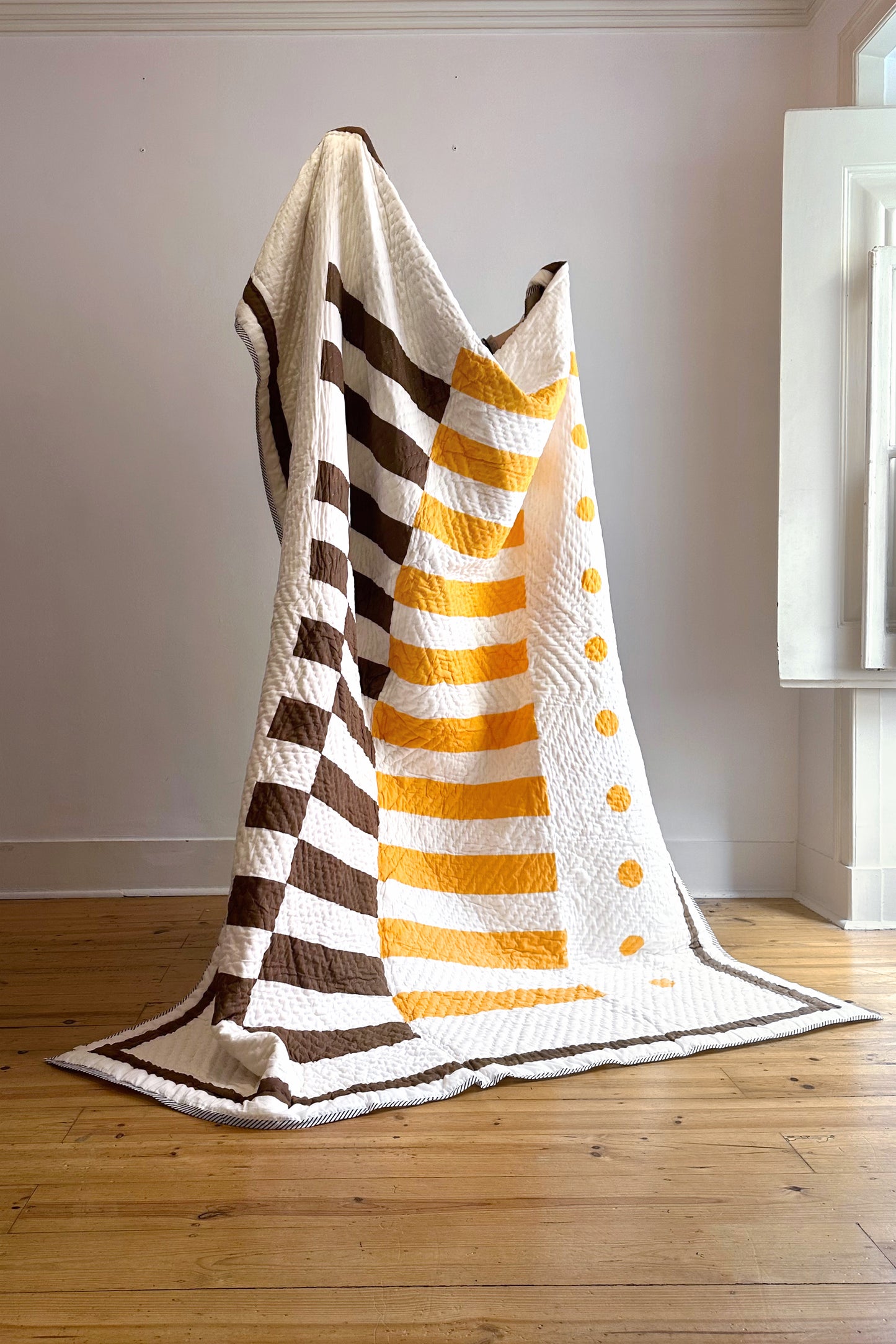 No 3 Block Printed Brown, White and Orange Reversible Quilted Bedspread