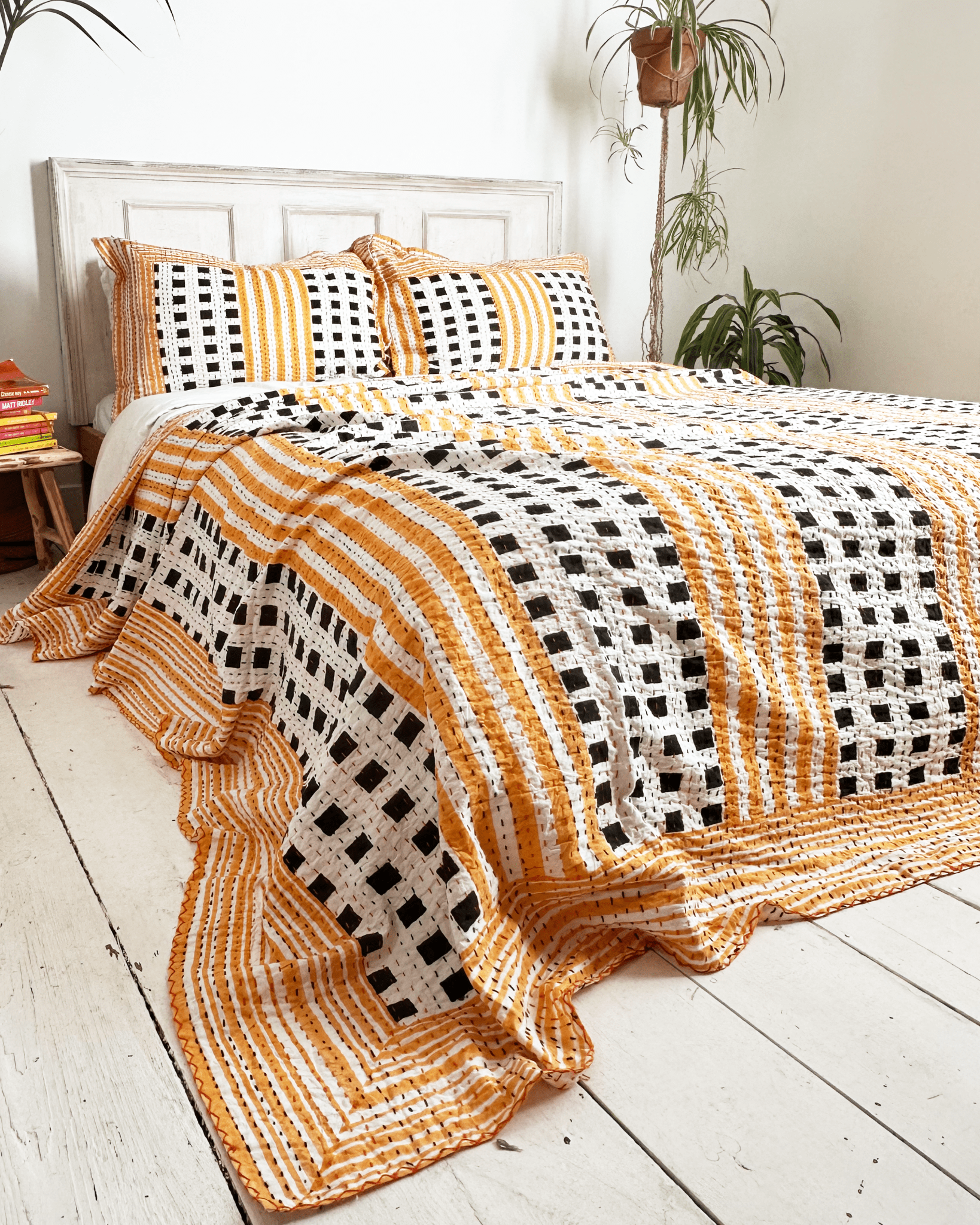 Black and Yellow Geometric Squares Print Cotton Kantha Bedspread - Biggs & Hill