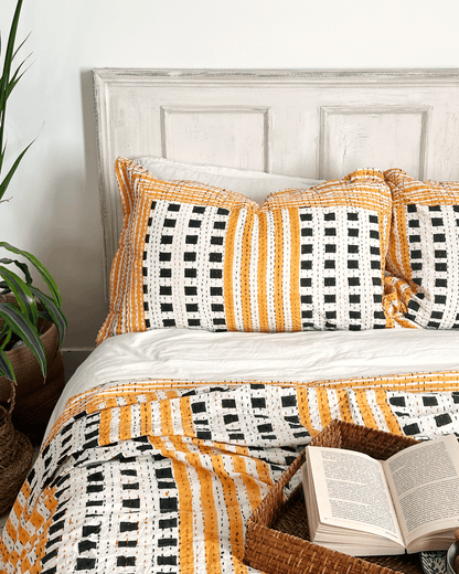Black and Yellow Geometric Squares Print Cotton Kantha Bedspread - Biggs & Hill