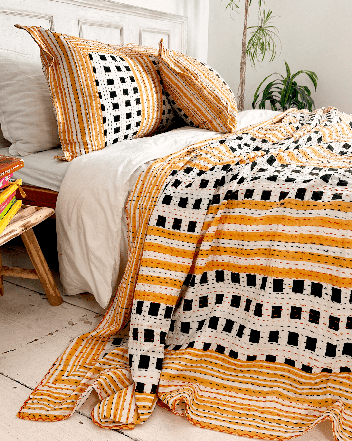 Black and Yellow Geometric Squares Print Cotton Kantha Bedspread - Biggs & Hill