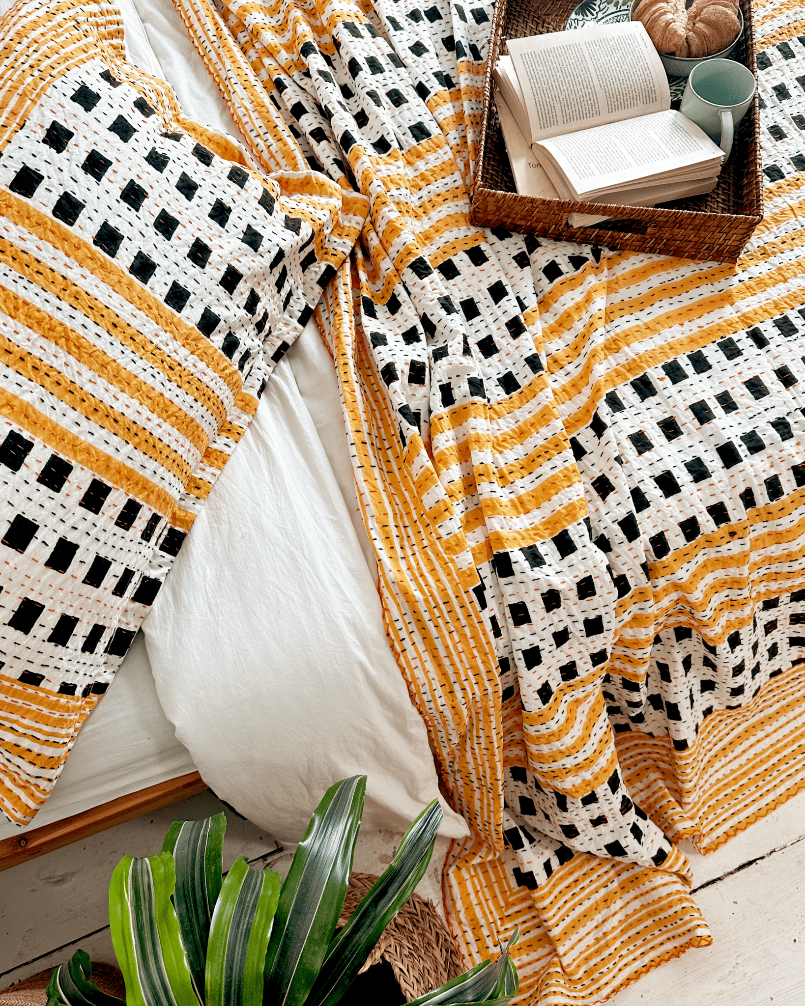 Black and Yellow Geometric Squares Print Cotton Kantha Bedspread - Biggs & Hill