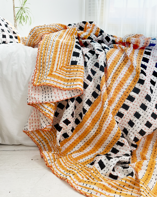 Black and Yellow Geometric Squares Print Cotton Kantha Bedspread