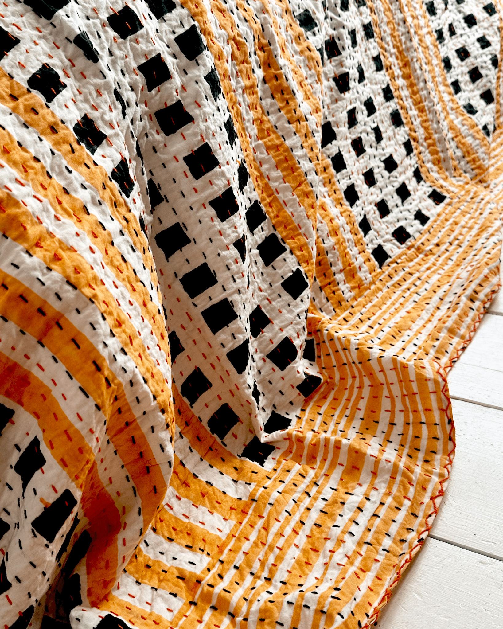 Black and Yellow Geometric Squares Print Cotton Kantha Bedspread - Biggs & Hill