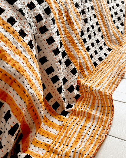 Black and Yellow Geometric Squares Print Cotton Kantha Bedspread - Biggs & Hill
