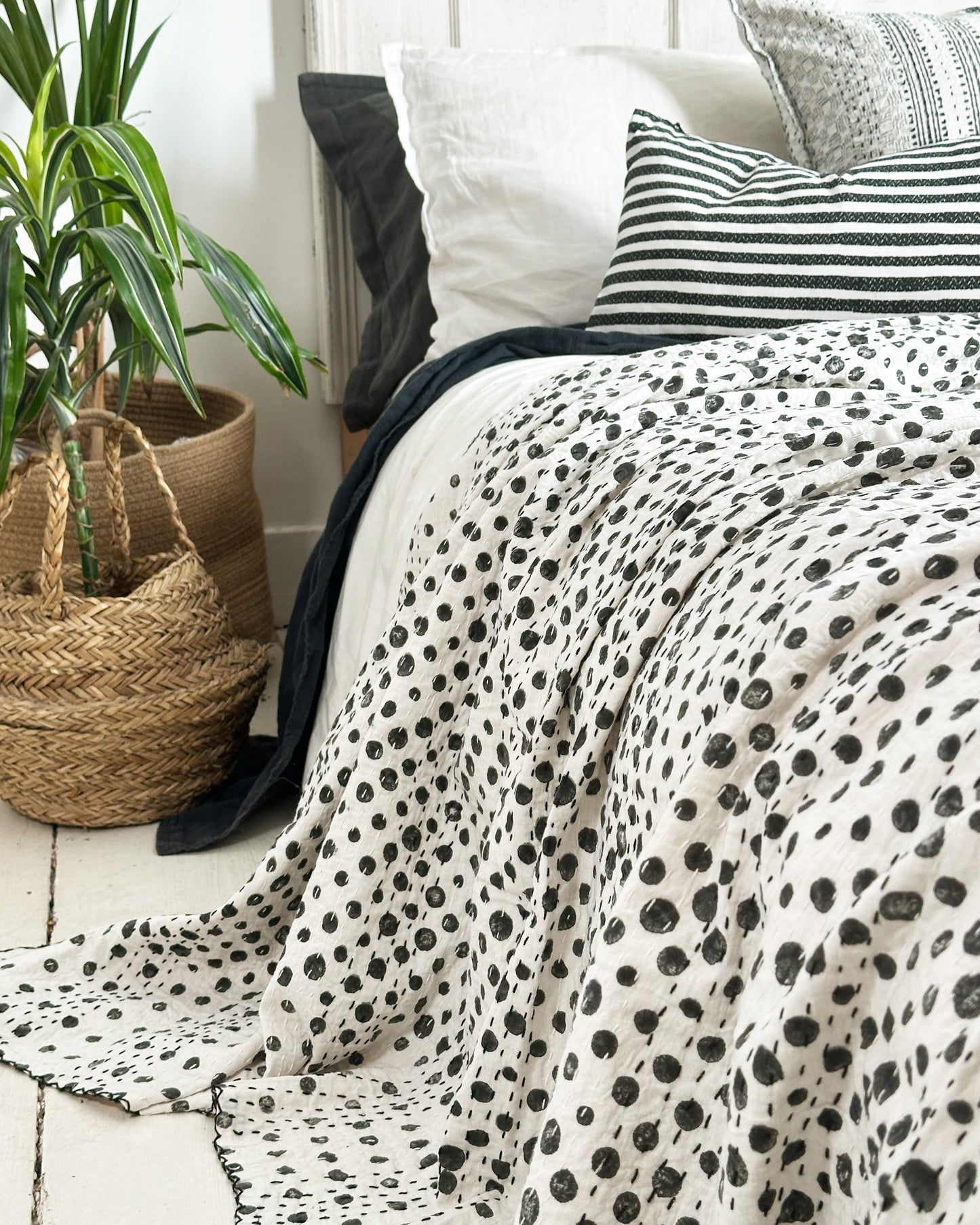 Black and White Dot Block Printed Kantha Bedspread