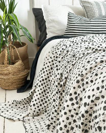 Black and White Dot Block Printed Kantha Bedspread