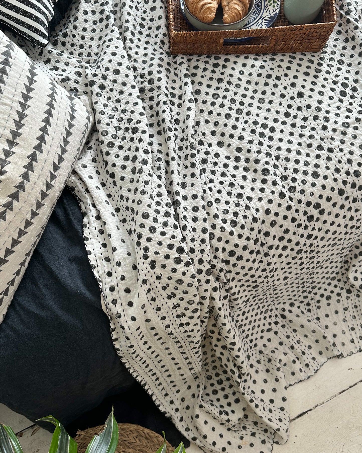Black and White Dot Block Printed Kantha Bedspread