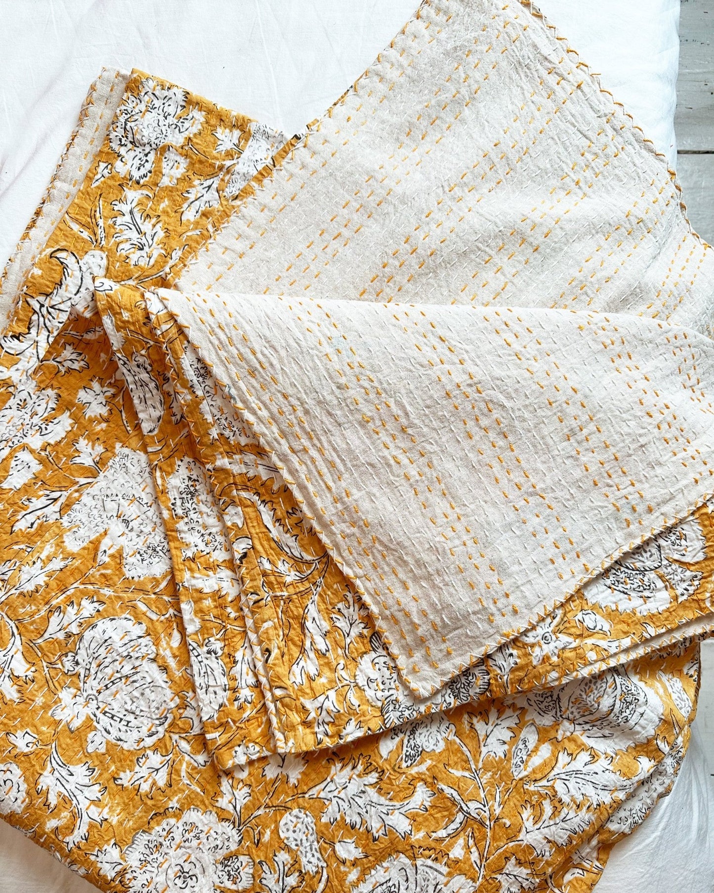 Mustard Hand Printed Floral Kantha Bedspread - Biggs & Hill