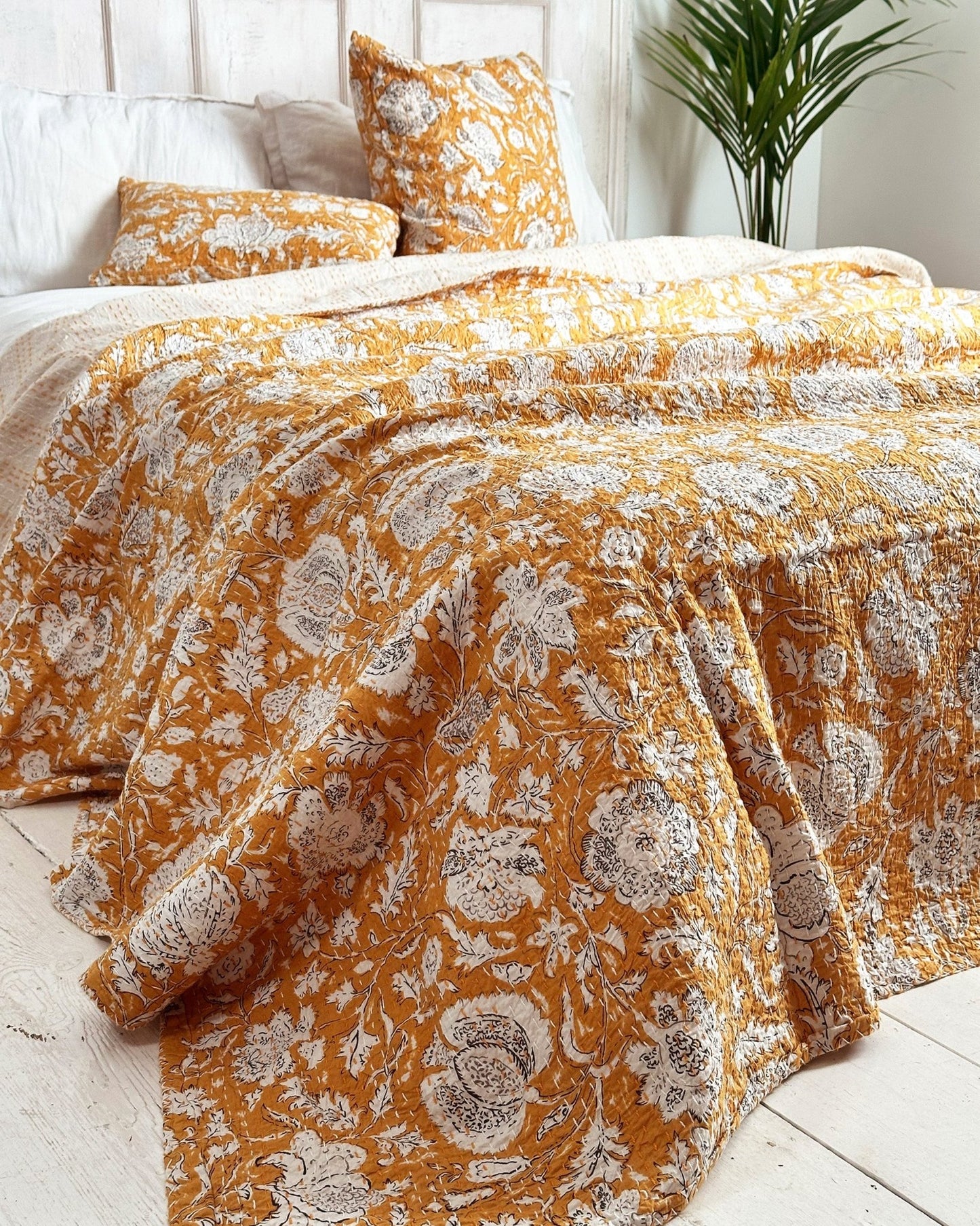 Mustard Hand Printed Floral Kantha Bedspread - Biggs & Hill