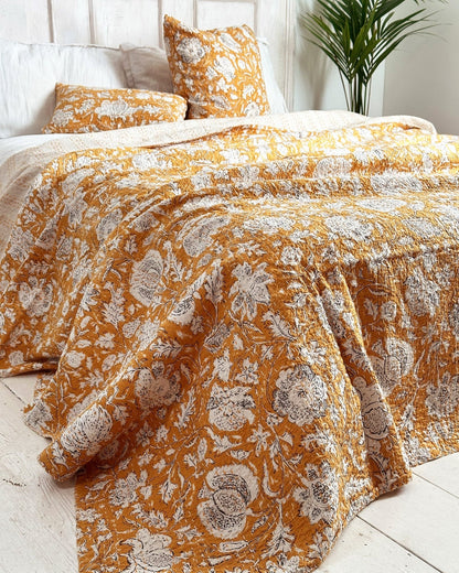 Mustard Hand Printed Floral Kantha Bedspread - Biggs & Hill