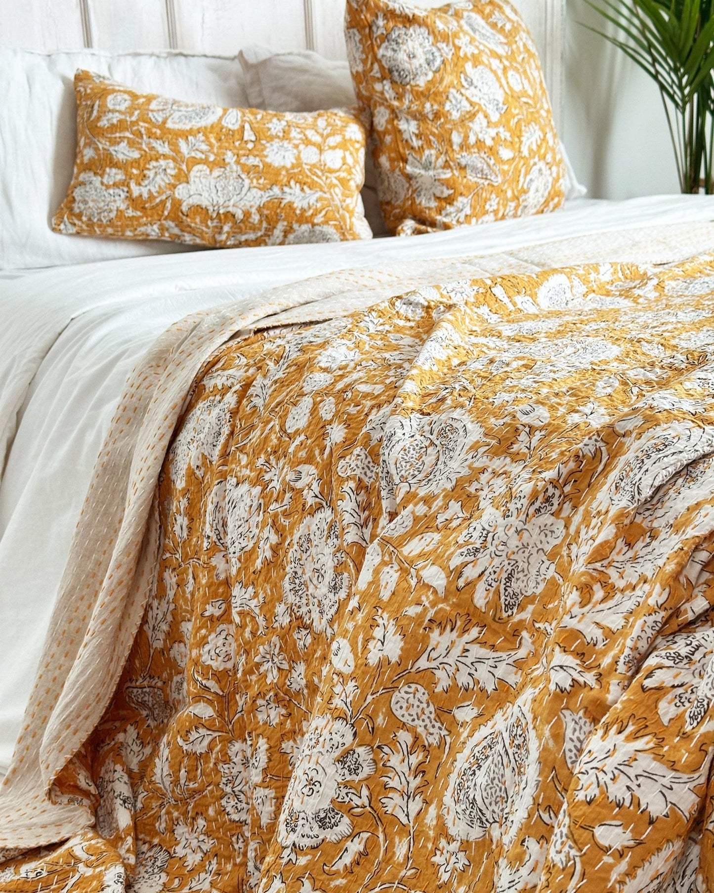 Mustard Hand Printed Floral Kantha Bedspread - Biggs & Hill