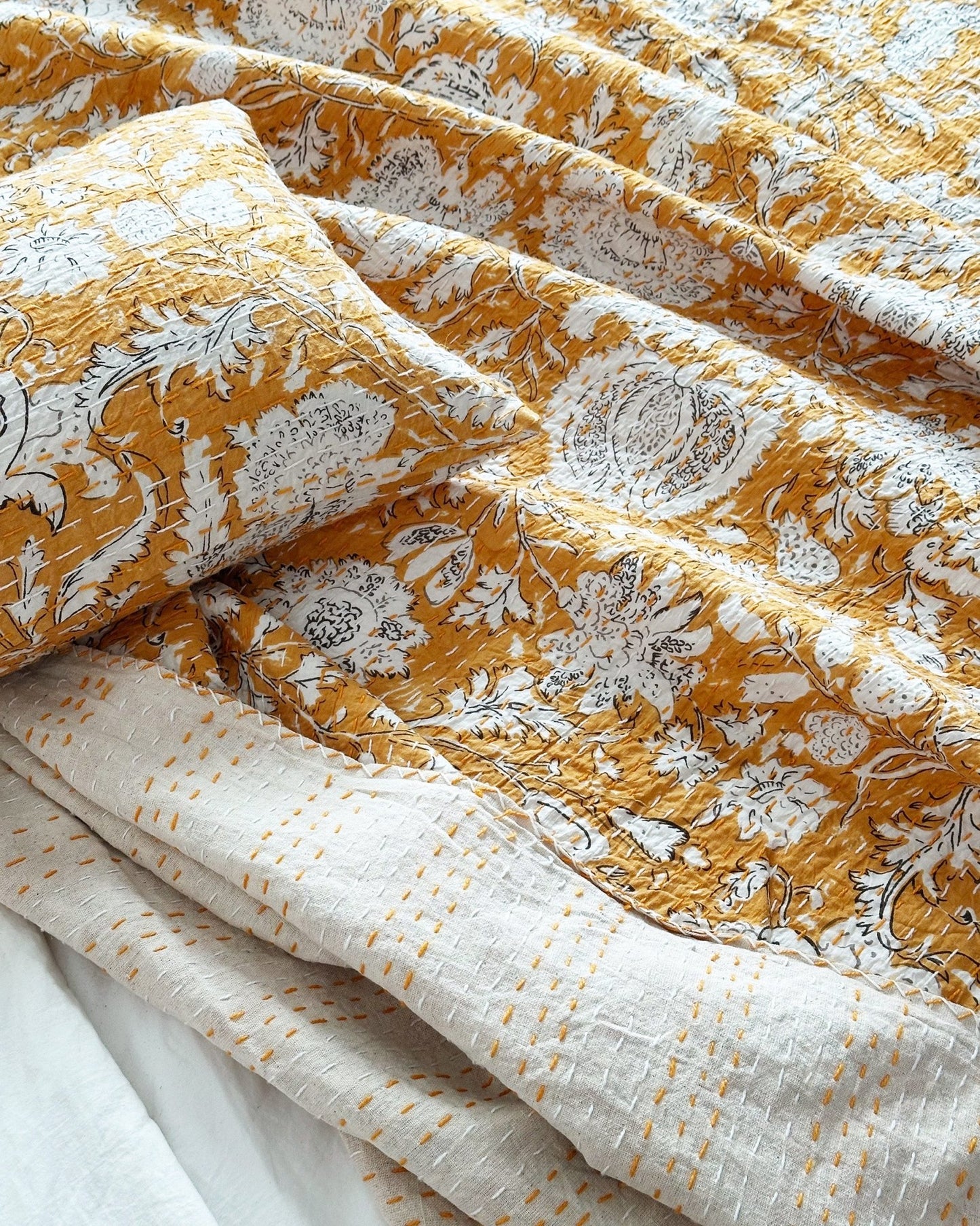 Mustard Hand Printed Floral Kantha Bedspread - Biggs & Hill