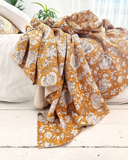 Mustard Hand Printed Floral Kantha Bedspread - Biggs & Hill