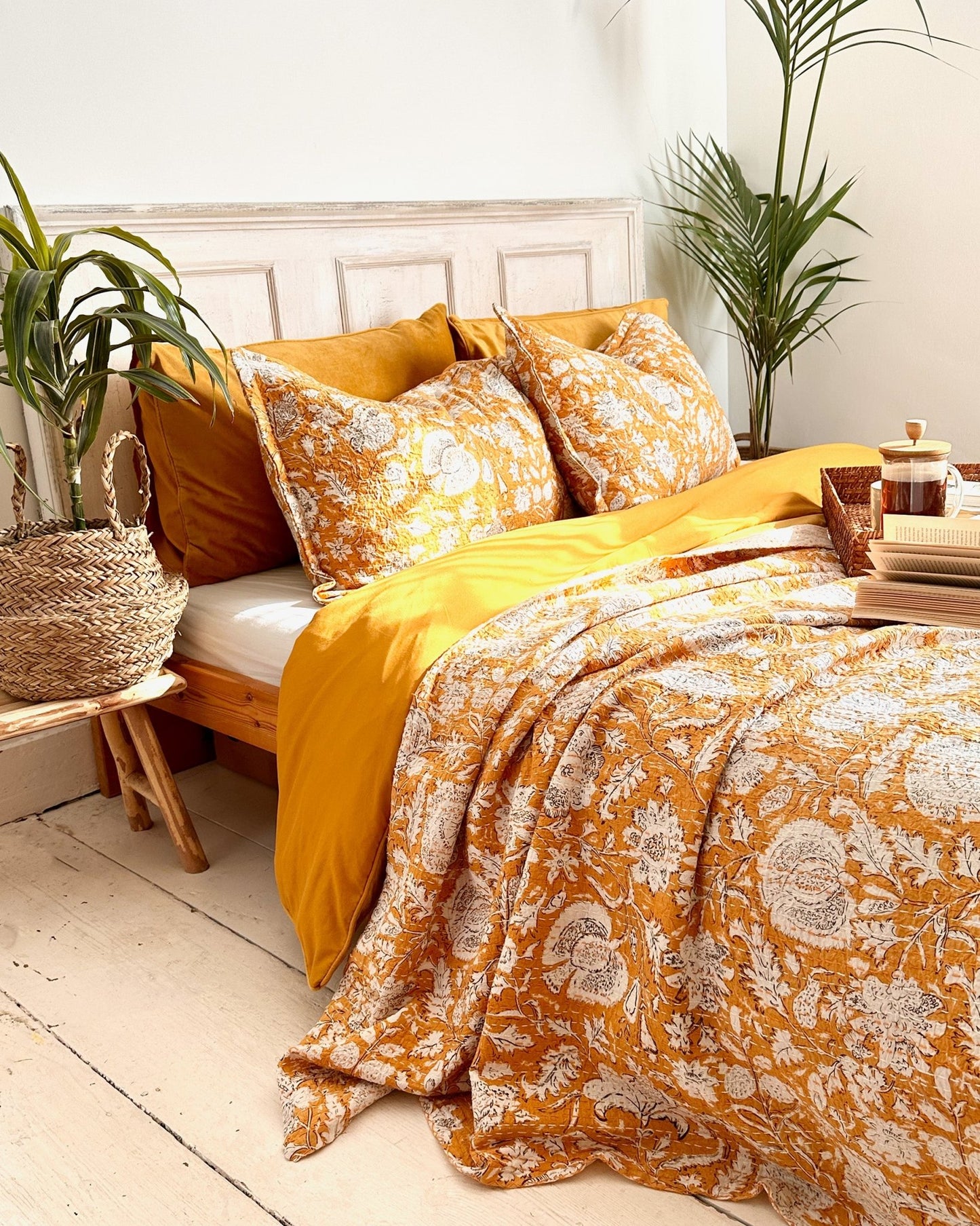 Mustard Hand Printed Floral Kantha Bedspread - Biggs & Hill