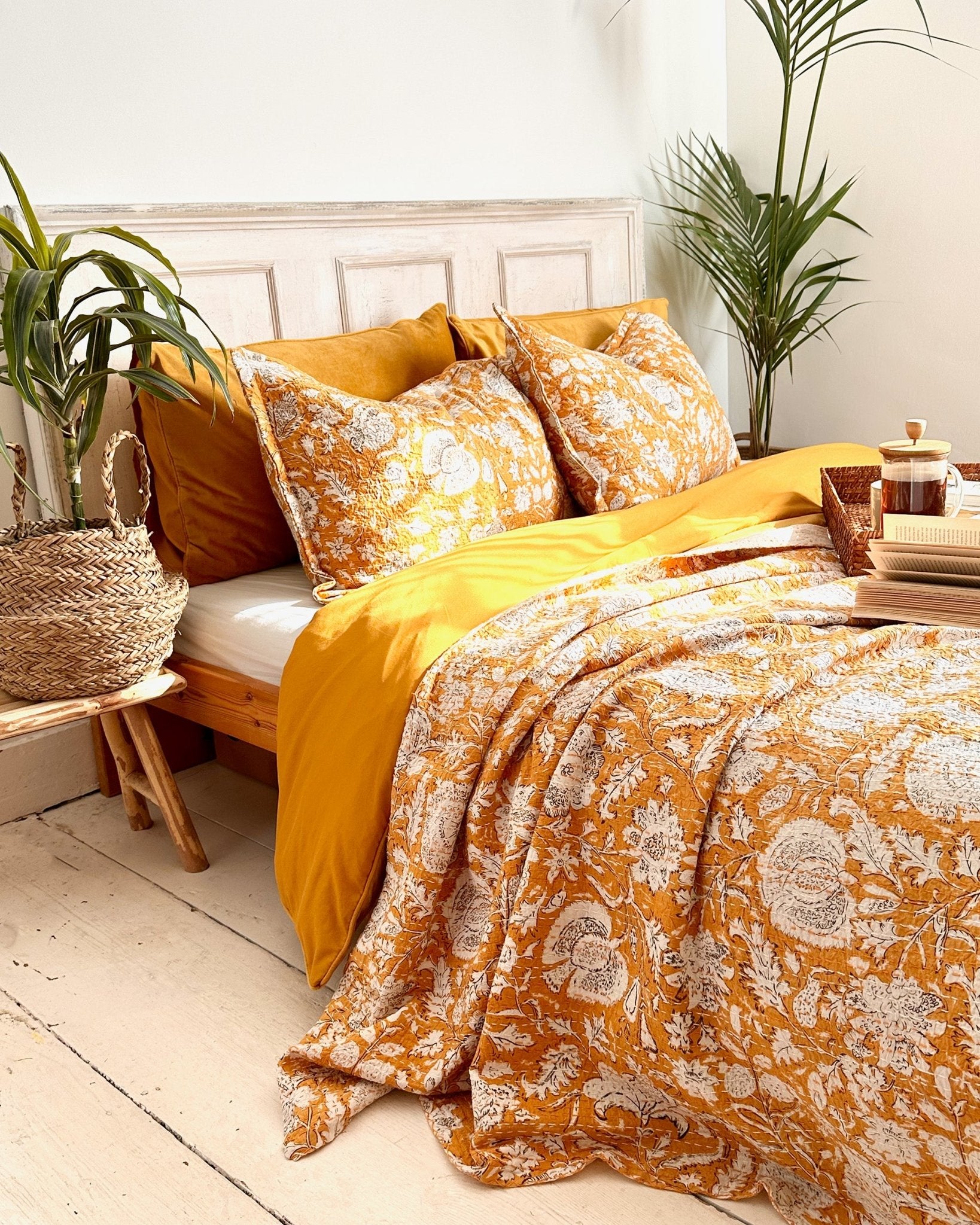 Mustard Hand Printed Floral Kantha Bedspread - Biggs & Hill