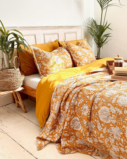 Mustard Hand Printed Floral Kantha Bedspread - Biggs & Hill
