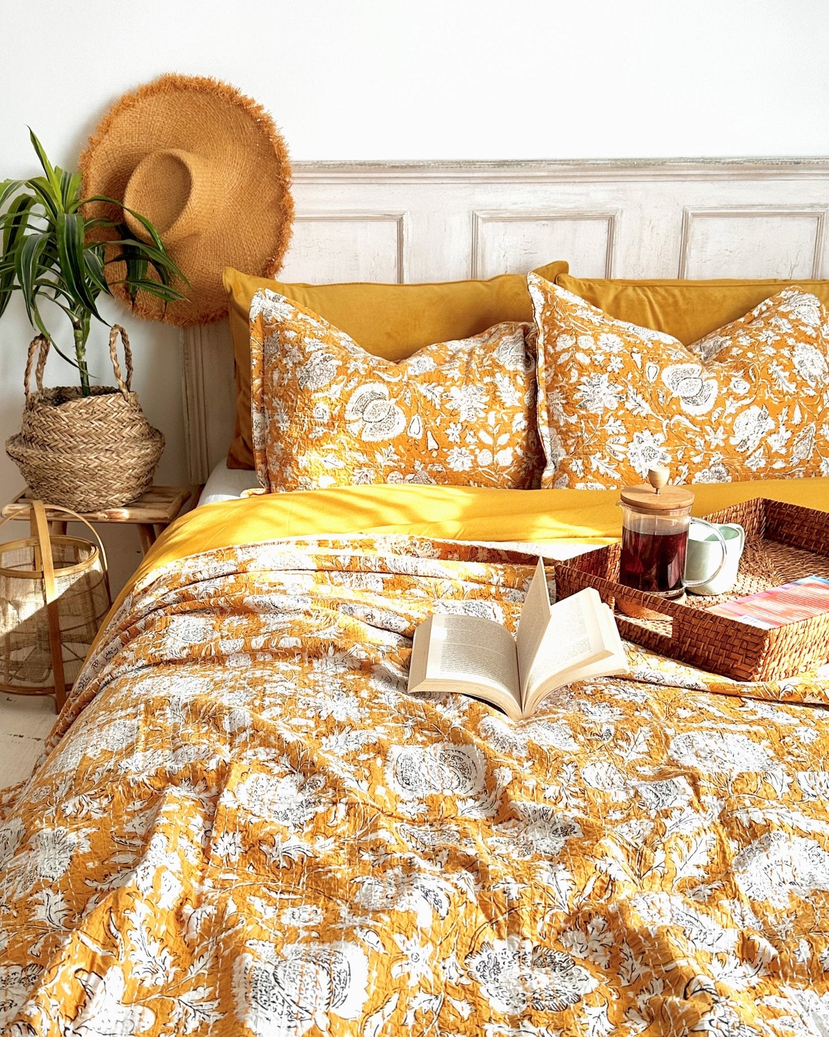 Mustard Hand Printed Floral Kantha Bedspread - Biggs & Hill