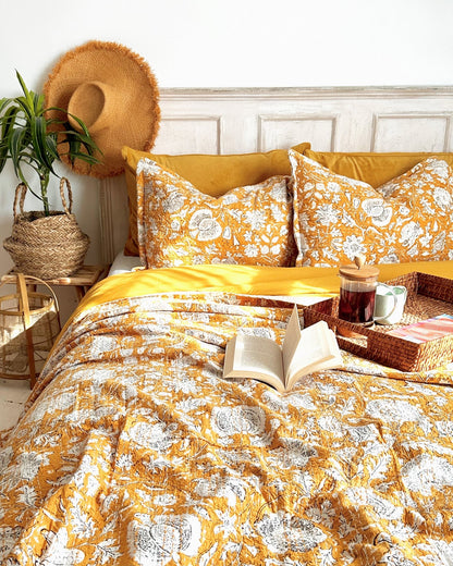 Mustard Hand Printed Floral Kantha Bedspread - Biggs & Hill