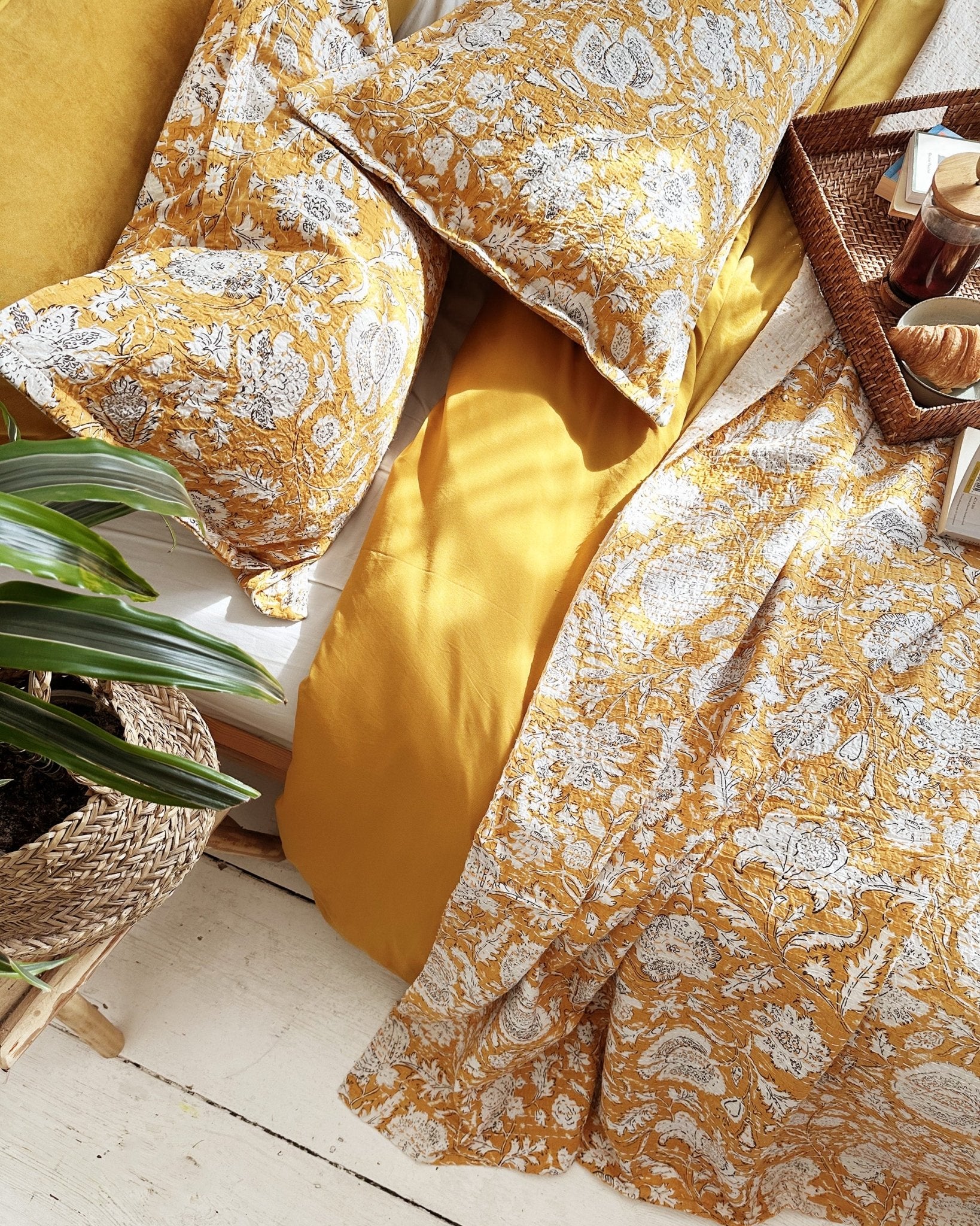 Mustard Hand Printed Floral Kantha Bedspread - Biggs & Hill