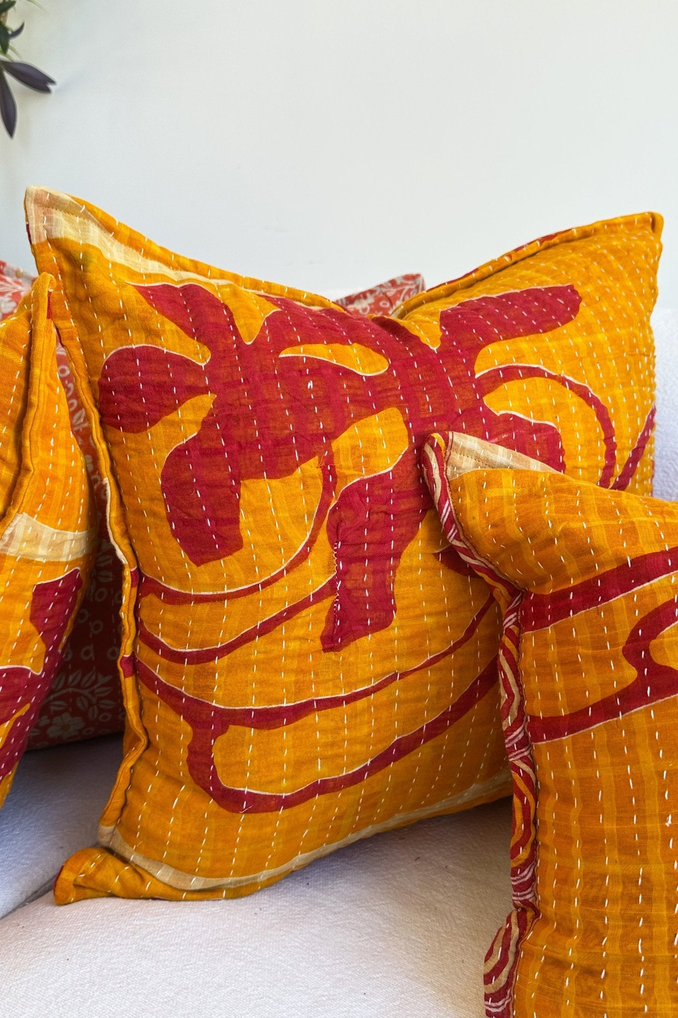 Handmade Reversible Kantha Cushion in Orange and Red - One Off - Large Rectangular - Biggs & Hill