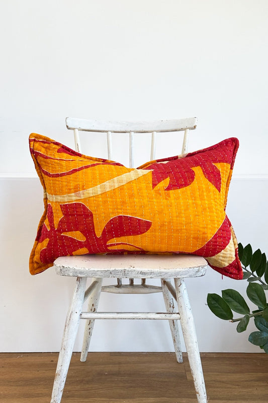 Handmade Reversible Kantha Cushion in Orange and Red - One Off - Large Rectangular - Biggs & Hill