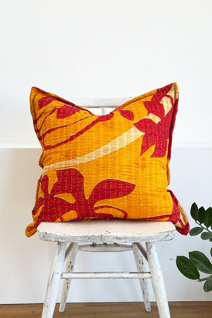 Handmade Reversible Kantha Cushion in Orange and Red - One Off - Square 50cm - Biggs & Hill