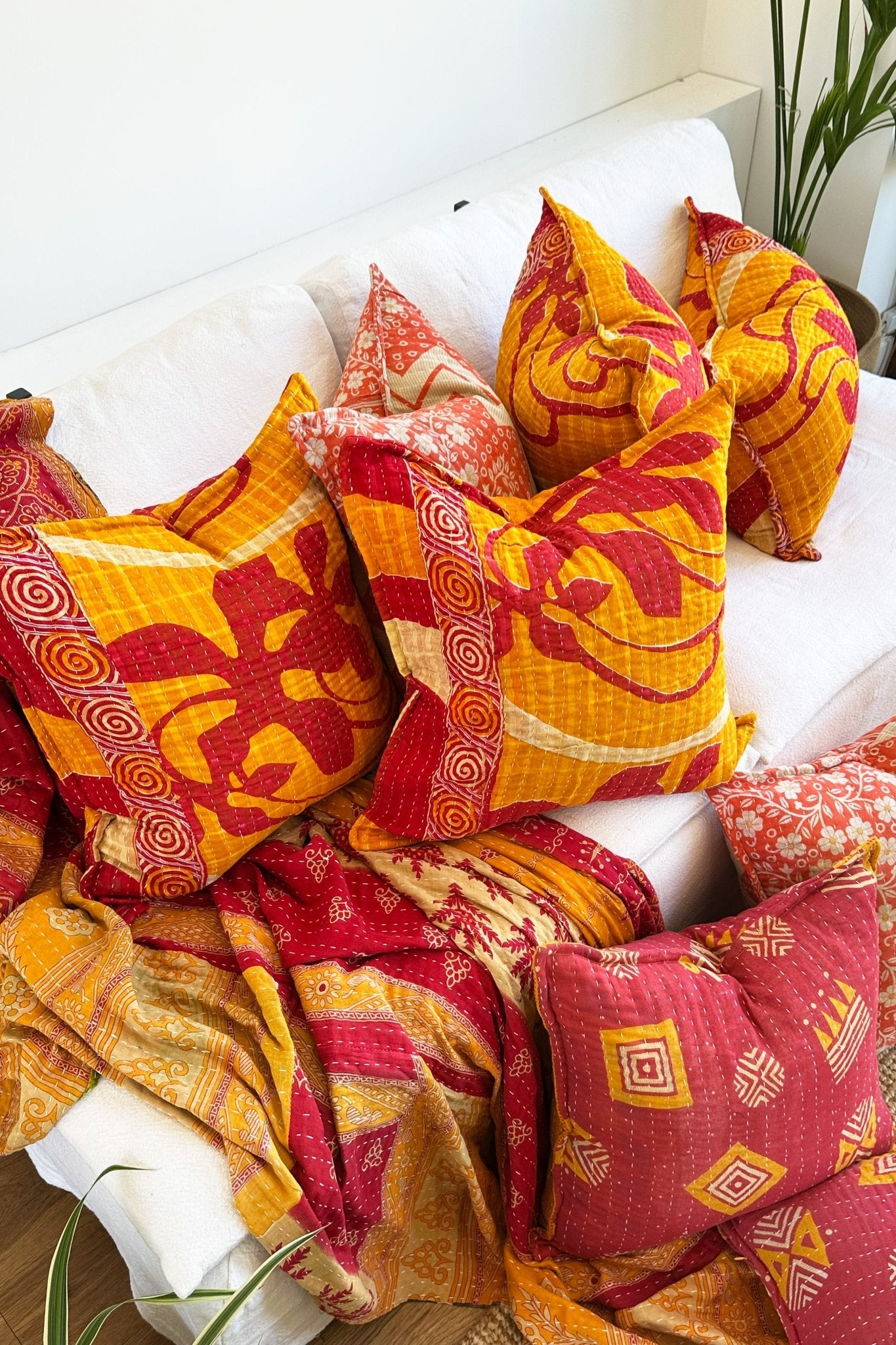 Handmade Reversible Kantha Cushion in Orange and Red - One Off - Large Rectangular - Biggs & Hill