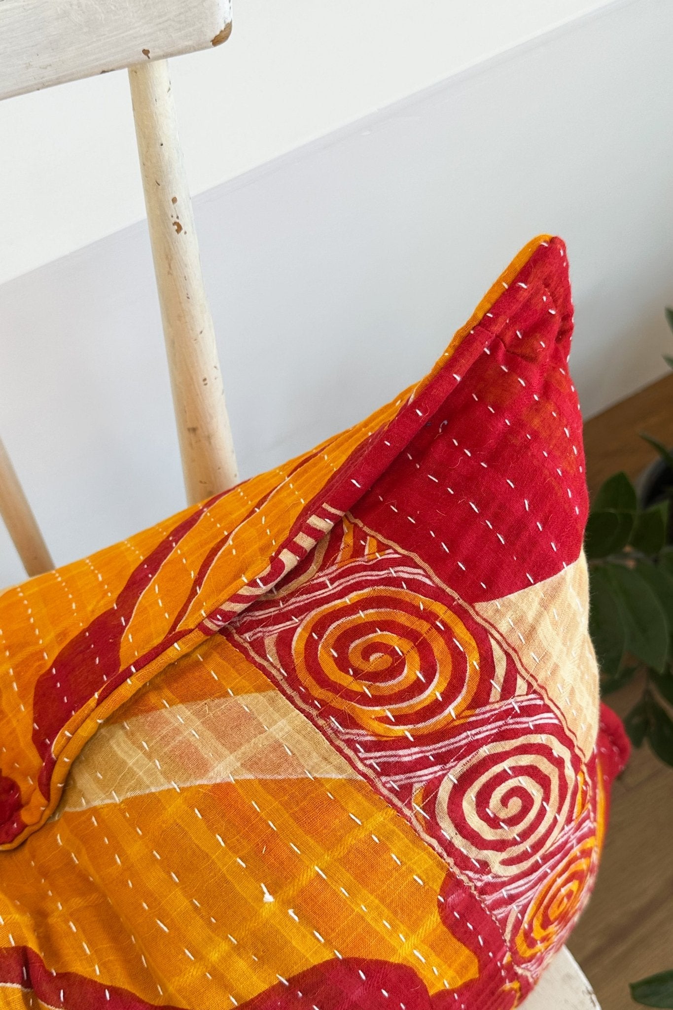 Handmade Reversible Kantha Cushion in Orange and Red - One Off - Large Rectangular - Biggs & Hill