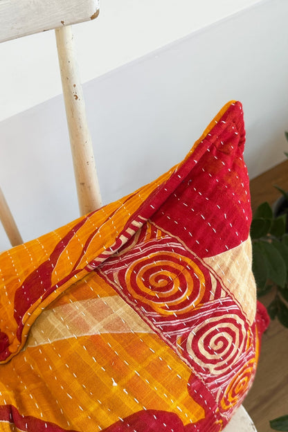 Handmade Reversible Kantha Cushion in Orange and Red - One Off - Large Rectangular - Biggs & Hill