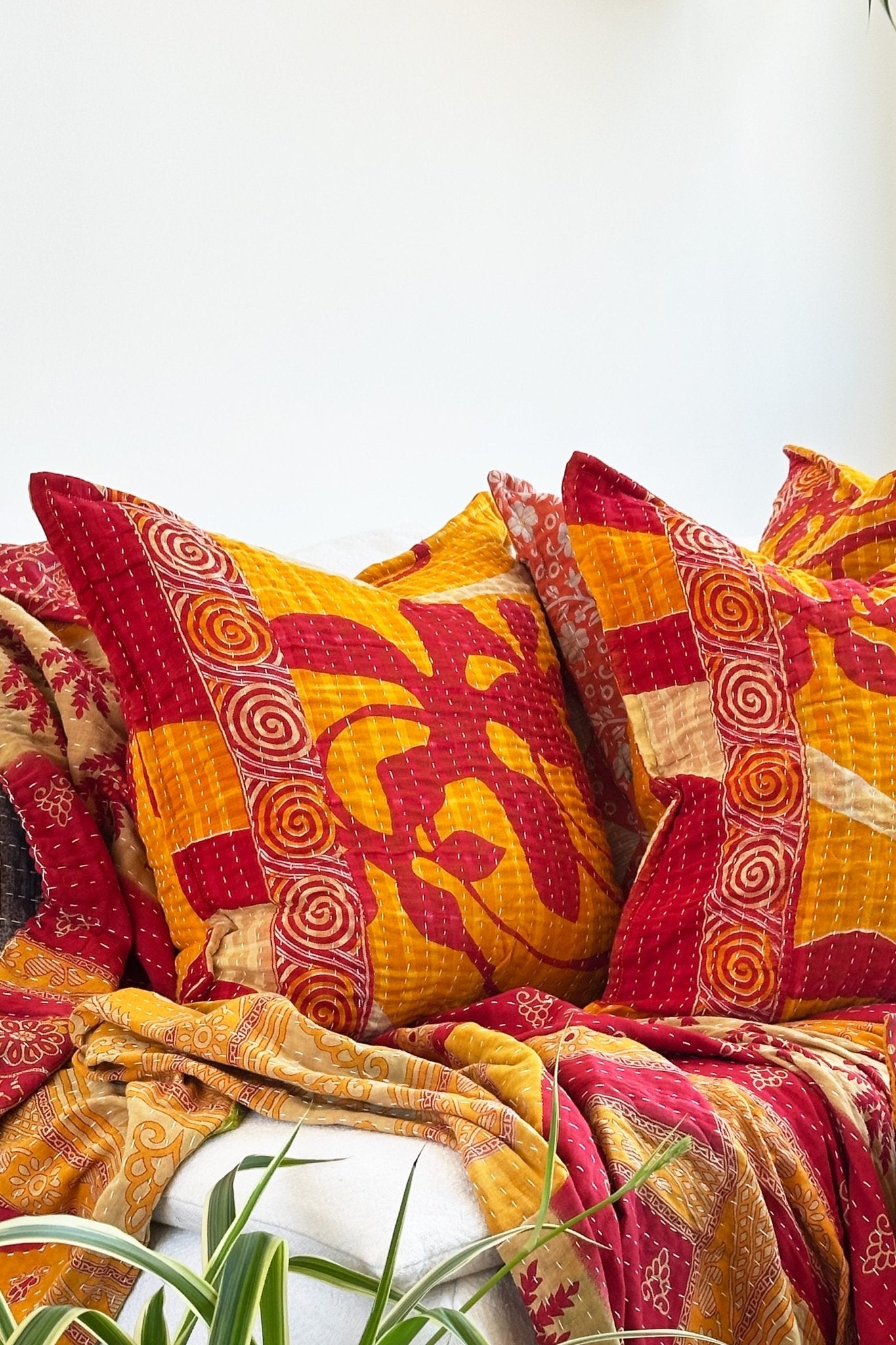 Handmade Reversible Kantha Cushion in Orange and Red - One Off - Large Rectangular - Biggs & Hill