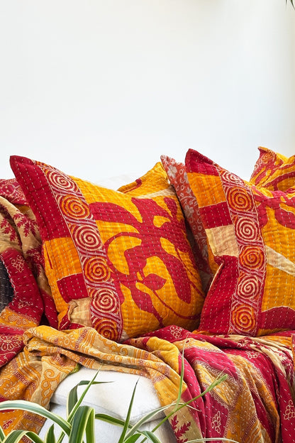 Handmade Reversible Kantha Cushion in Orange and Red - One Off - Large Rectangular - Biggs & Hill