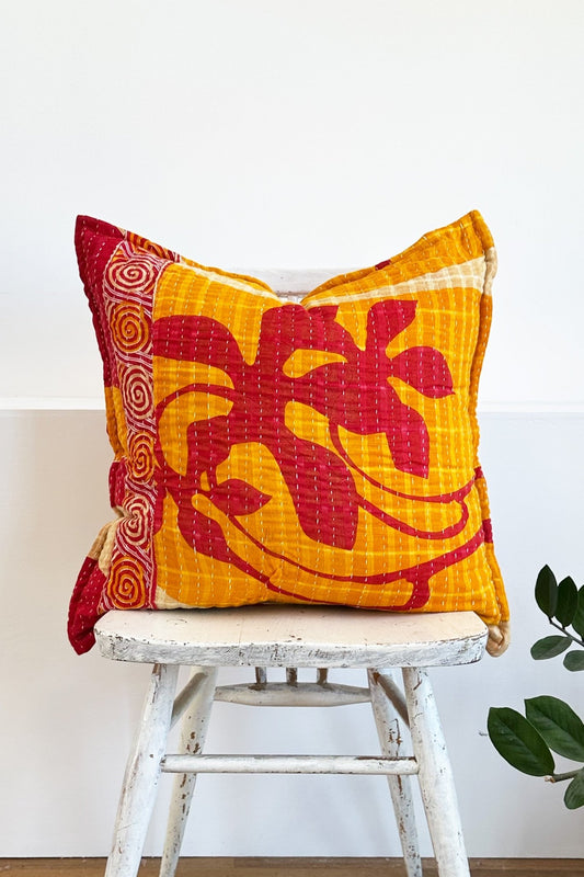 Handmade Reversible Kantha Cushion in Orange and Red - One Off - Square 50cm - Biggs & Hill